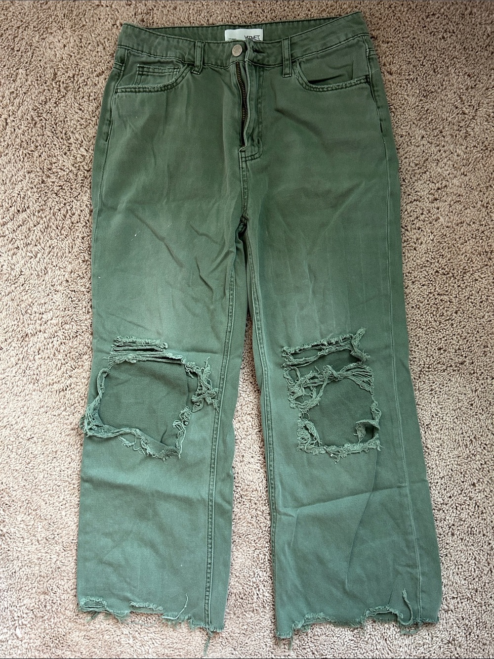 VERVET BY FLYING MONKEY Olive Green Distressed Ripped Boyfriend Jeans